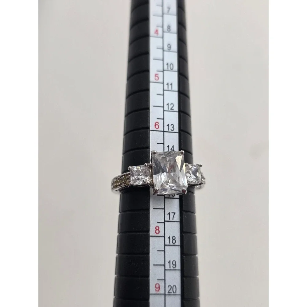 Emerald Cut Three Stone Engagement Ring Silver Tone Size 7.25